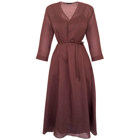 V YAKA %100 RAMİ MAKSİ BOY ELBİSE KİREMİT