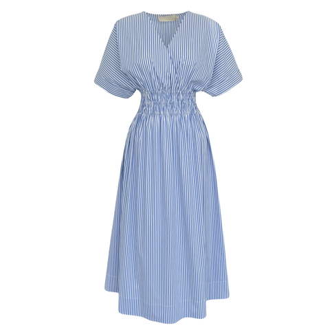 KRUVAZE YAKA BELİ LASTİKLİ ÇİZGİ DETAY ELBİSE