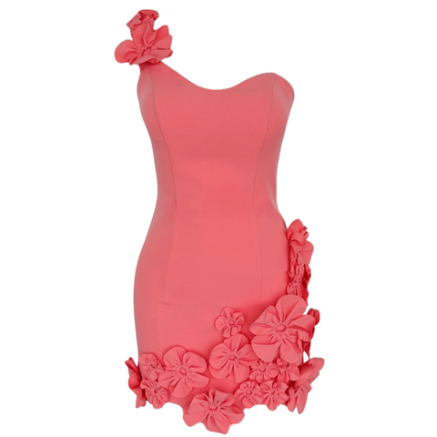 TEK OMUZ ÇİÇEK APLİKELİ ELBİSE MERCAN