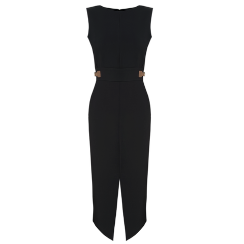 ÖNDEN YIRTMAÇLI YANLARDAN KEMER DETAY ELBİSE SİYAH