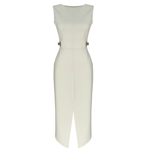 ÖNDEN YIRTMAÇLI YANLARDAN KEMER DETAY ELBİSE TAŞ