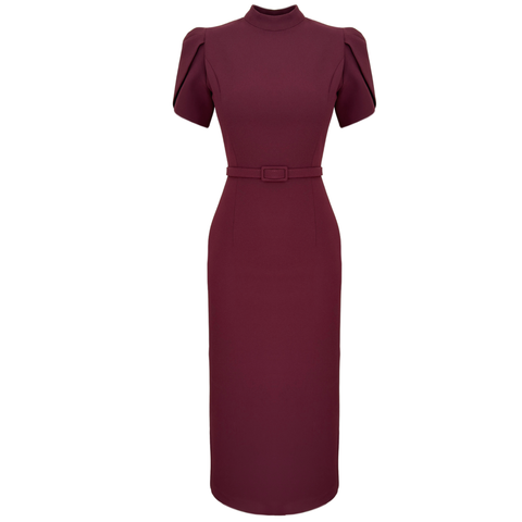 DİK YAKA KEMER DETAY KALEM ELBİSE BORDO