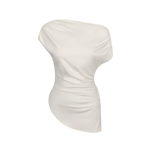 ASİMETRİK YAKA DRAPELİ BLUZ EKRU