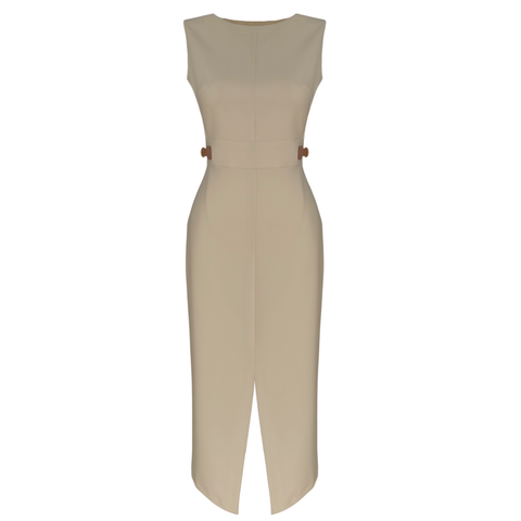 ÖNDEN YIRTMAÇLI YANLARDAN KEMER DETAY ELBİSE BEJ