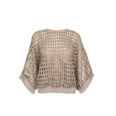 GOLD BASKILI OVERSİZE FİLE BLUZ BEJ