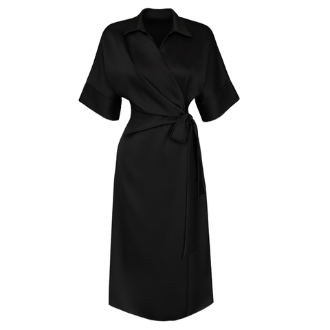 KRUVAZE BAĞLAMALI PAMUK SATEN ELBİSE SİYAH