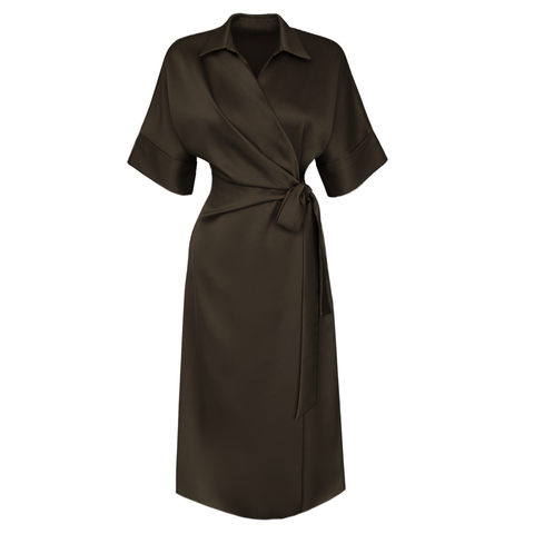 KRUVAZE BAĞLAMALI PAMUK SATEN ELBİSE KAHVE