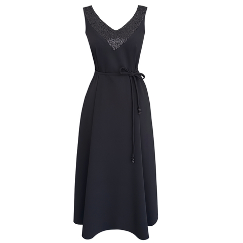 V YAKA PAYET İŞLEMELİ ELBİSE SİYAH