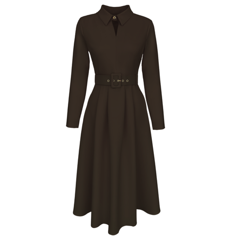 YAKASI PENCERE DETAY KEMERLİ ELBİSE KAHVE