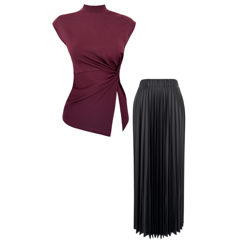 ASİMETRİK BLUZ VE PİLİSELİ ETEK TAKIM