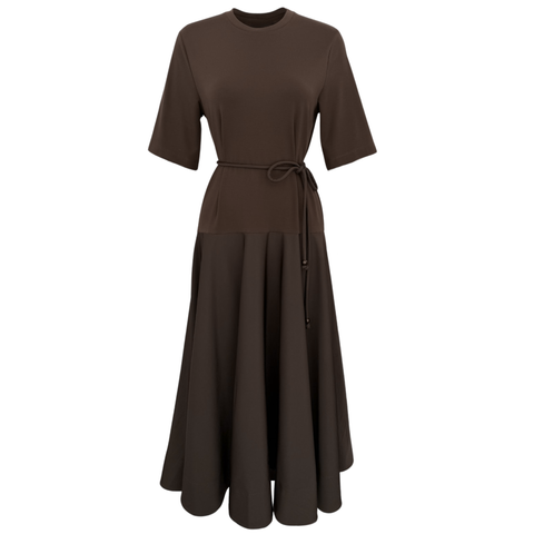 ETEĞİ PARAŞÜT KUMAŞ KISA KOL ELBİSE KAHVE