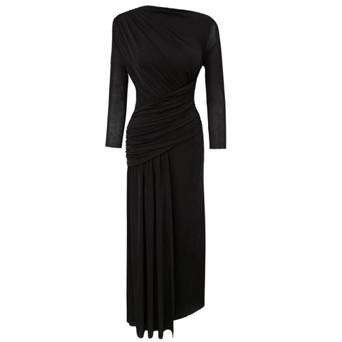 DRAPE DETAYLI MAKSİ BOY DÖKÜMLÜ ELBİSE SİYAH