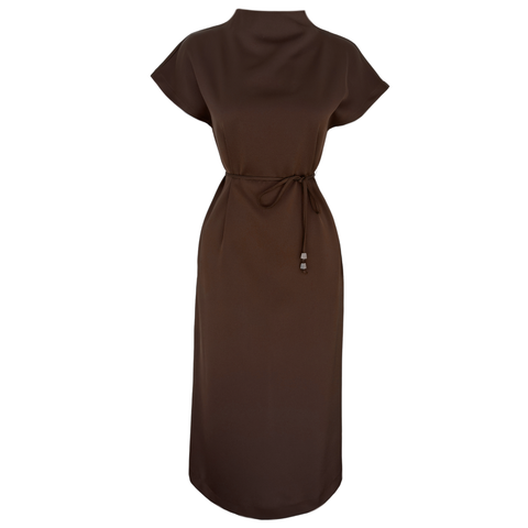 DİK YAKA PAMUK SATEN ELBİSE KAHVE