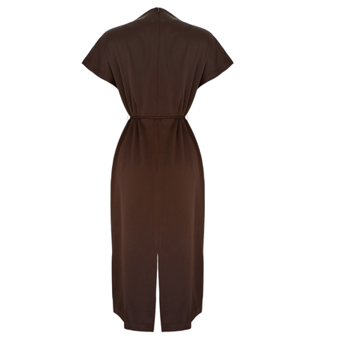 DİK YAKA PAMUK SATEN ELBİSE KAHVE