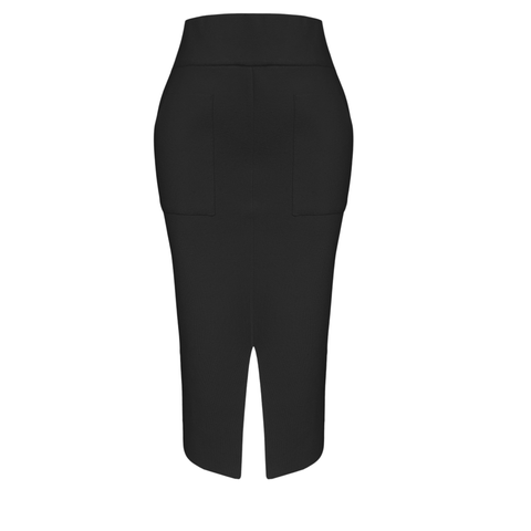 ÖNDEN YIRTMAÇ DETAYLI TRİKO KALEM ETEK SİYAH