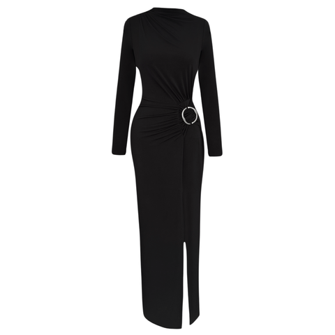 ÖNDEN YIRTMAÇLI DRAPE DETAY MAKSİ BOY ELBİSE