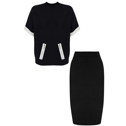 DİK YAKA KAZAK VE ETEK TRİKO TAKIM SİYAH