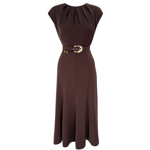 YAKASI PİLE DETAY KEMERLİ ELBİSE KAHVE