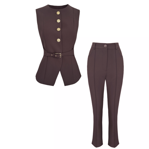 GOLD DÜĞMELİ KEMER DETAY YELEKLİ TAKIM KAHVE