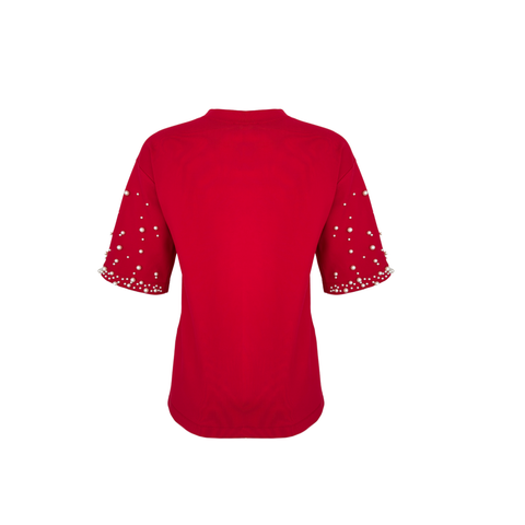 KOLLARI İNCİ DETAYLI RAYON BLUZ KIRMIZI