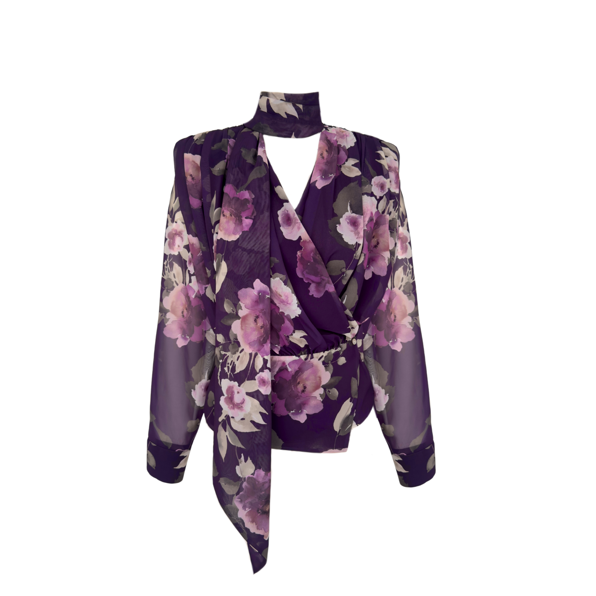 FLORAL DESEN ŞAL YAKA KRUVAZE ŞİFON BLUZ MOR