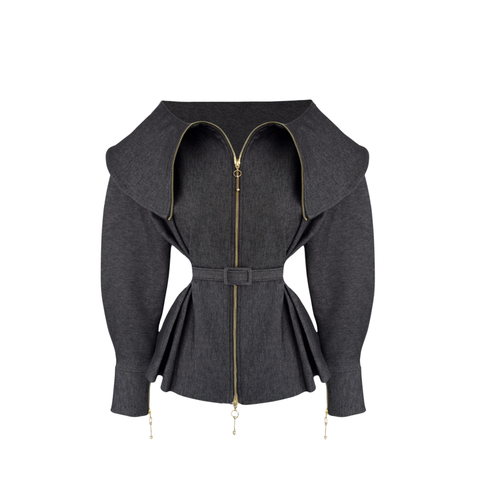 JANE YAKA DETAY FERMUARLI DENİM CEKET GRİ