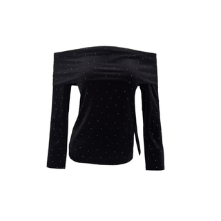 KAYIK YAKA TAŞ BASKILI BLUZ SİYAH