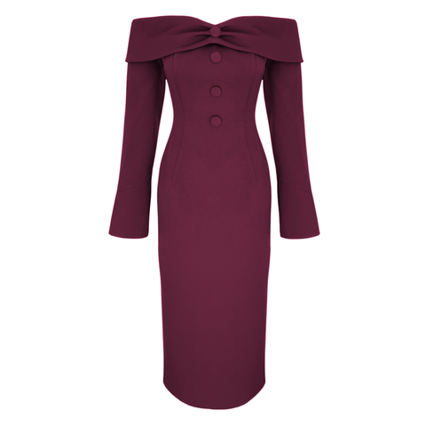 KAYIK YAKA KALEM ELBİSE BORDO