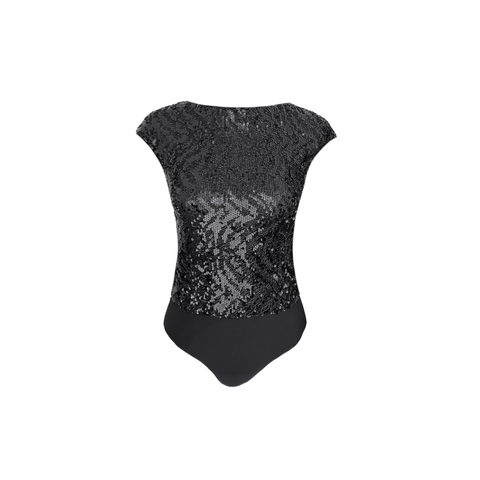 SIRT DEKOLTELİ DÜŞÜK KOL PAYETLİ BODYSUİT SİYAH