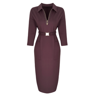 YANDAN YIRTMAÇ DETAY YAKASI FERMUARLI ELBİSE BORDO