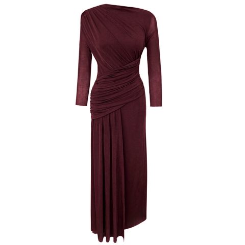 DRAPE DETAYLI MAKSİ BOY DÖKÜMLÜ ELBİSE BORDO