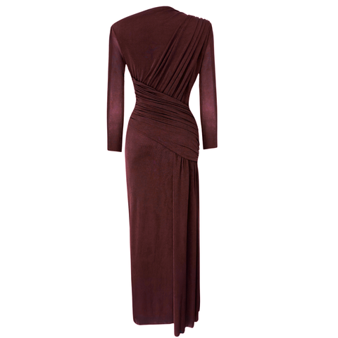 DRAPE DETAYLI MAKSİ BOY DÖKÜMLÜ ELBİSE BORDO