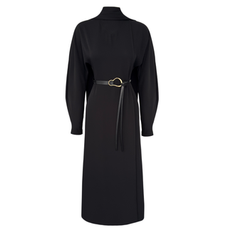 BOYUNDAN ŞAL DETAY BELİ KEMERLİ MAKSİ BOY ELBİSE SİYAH