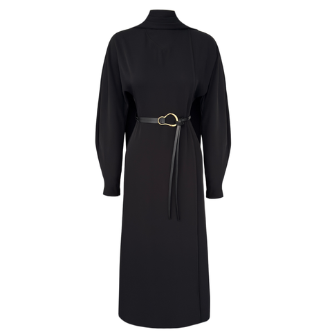 BOYUNDAN ŞAL DETAY BELİ KEMERLİ MAKSİ BOY ELBİSE SİYAH