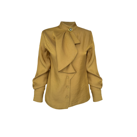 ALTI ASİMETRİK YAKASI BROŞ DETAY BLUZ SARI