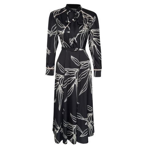 FLORAL DESEN MAKSİ BOY SATEN ELBİSE SİYAH