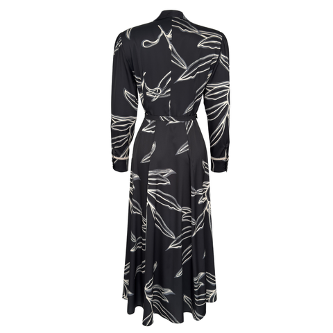 FLORAL DESEN MAKSİ BOY SATEN ELBİSE SİYAH