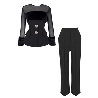 KÜRK DETAY LAME DÜĞMELİ 3'LÜ TAKIM SİYAH