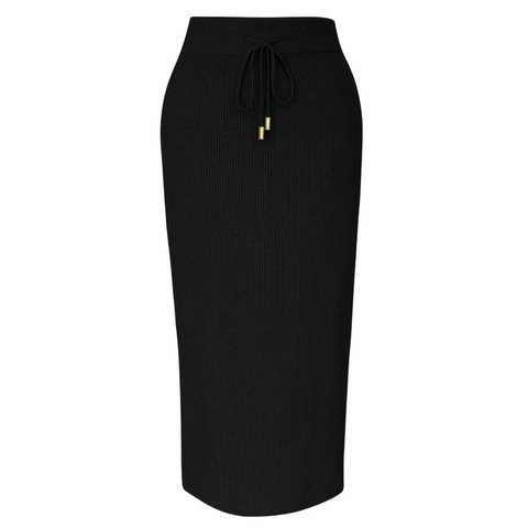 BELİ BAĞCIK DETAYLI MİDİ BOY TRİKO KALEM ETEK SİYAH