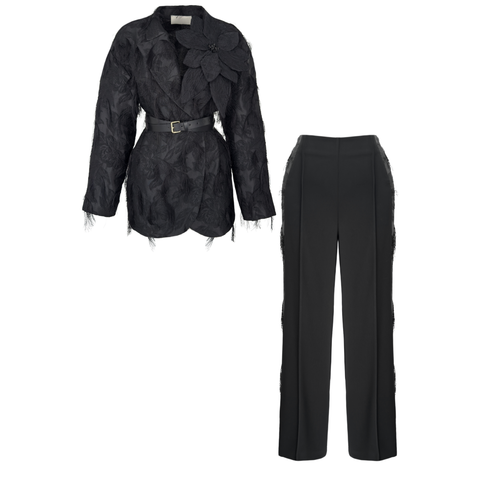 BELİ KEMERLİ PÜSKÜL DETAY TAKIM SİYAH