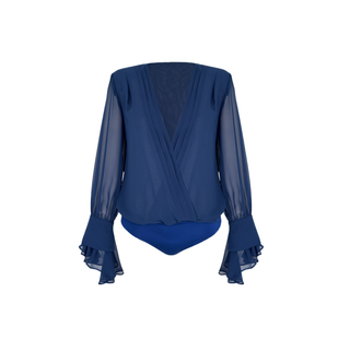 V YAKA KOLLARI VOLANLI ŞİFON BODYSUIT İNDİGO