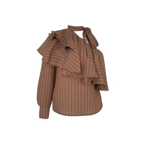 TEK OMUZ BOYUNDAN BAĞLAMALI VOLANLI BLUZ CAMEL