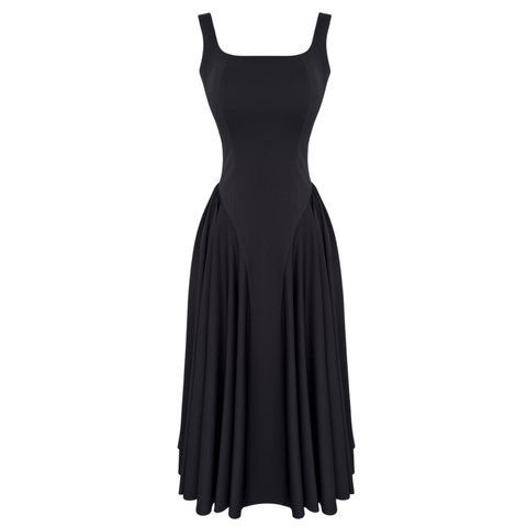 KUŞAK DETAYLI BELE OTURAN KALIN ASKILI ELBİSE SİYAH