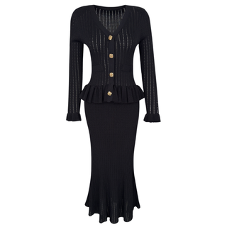 TAŞ DÜĞME DETAY VOLANLI MERSERİZE TRİKO ELBİSE SİYAH