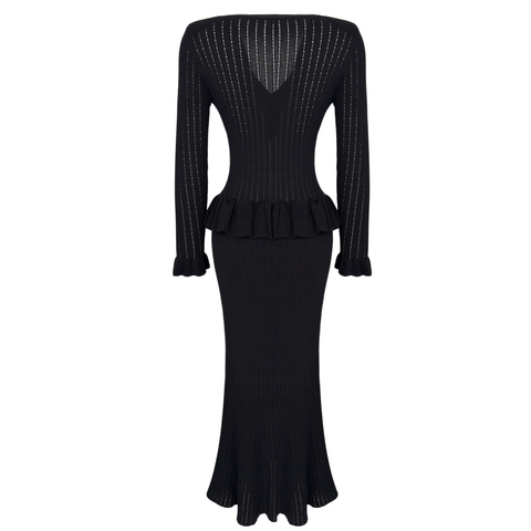 TAŞ DÜĞME DETAY VOLANLI MERSERİZE TRİKO ELBİSE SİYAH