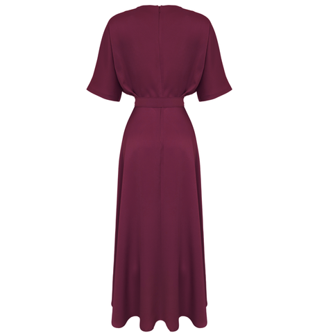 YARASA KOL KEMER DETAYLI MAKSİ BOY ELBİSE BORDO