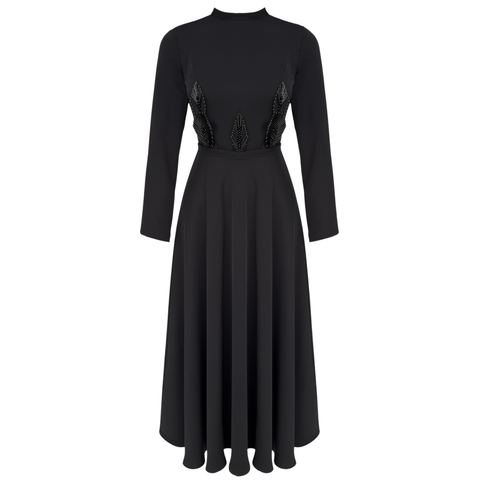 ÇİÇEK İŞLEMELİ MAKSİ BOY ELBİSE SİYAH