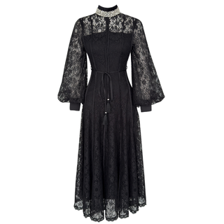 YAKASI TAŞ İŞLEMELİ BALON KOL GÜPÜR ELBİSE SİYAH