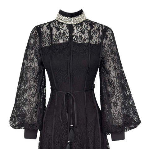 YAKASI TAŞ İŞLEMELİ BALON KOL GÜPÜR ELBİSE SİYAH