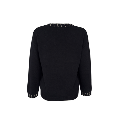 V YAKA ZİNCİR DETAY YÜN KARIŞIMLI TRİKO SİYAH